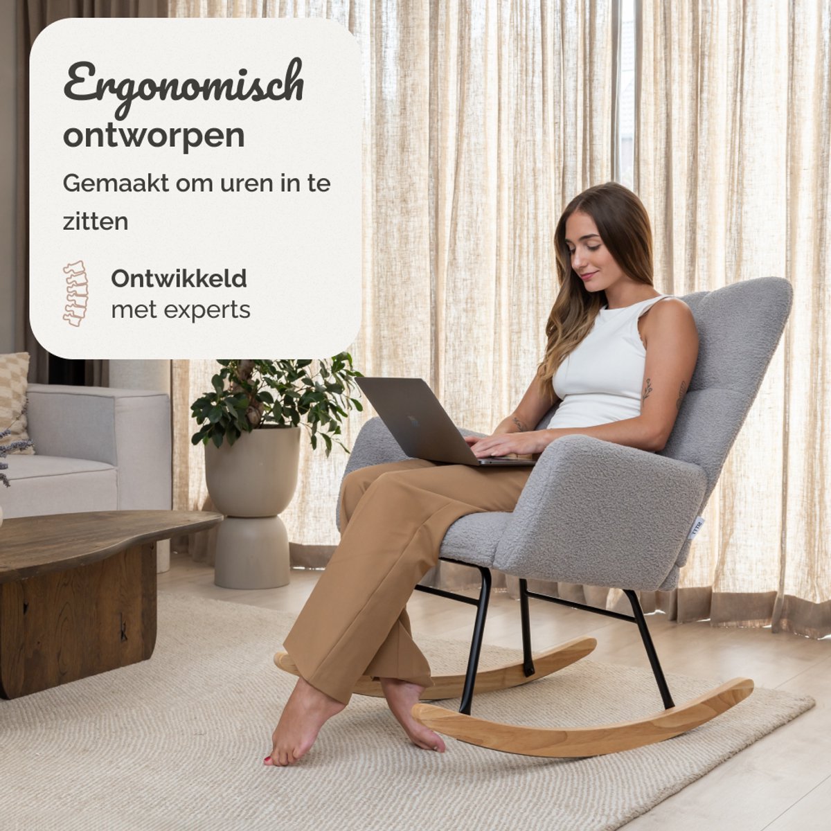 SITTT Schommelstoel - Relaxstoel babykamer - Fauteuil - Voedingsstoel - Licht Grijs — afbeelding 9