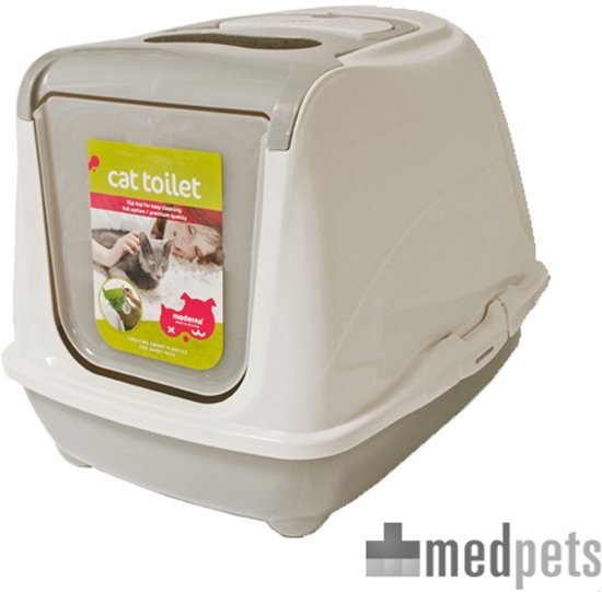 Witte en grijze gesloten kattenbak met stickers erop.