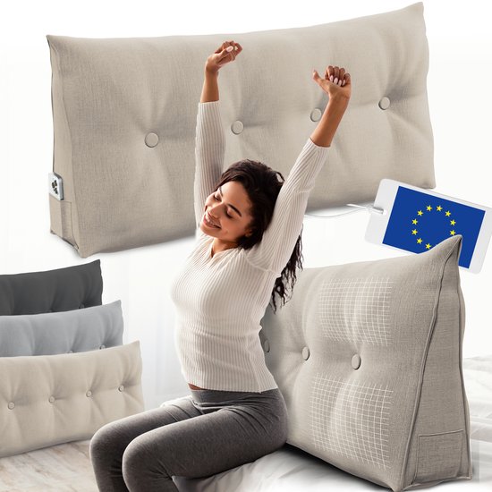ELONEO Rugsteunkussen – Driehoekig Wigkussen & Hoofdbordkussen voor Bed of Sofa - Wasbare Hoes - 120 cm