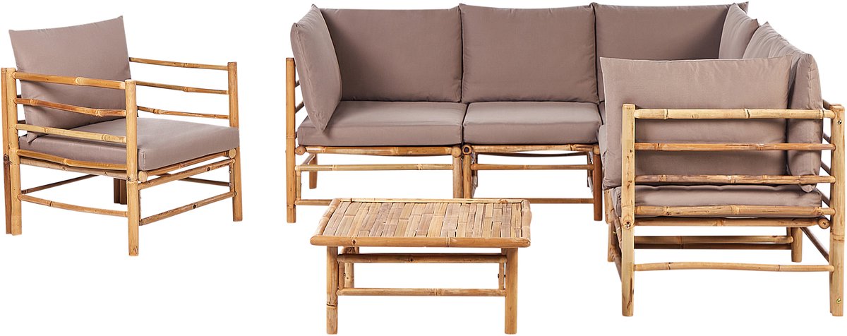 Beliani CERRETO - Loungeset 6-zits hoekbank - Taupe - Bamboehout Bruin