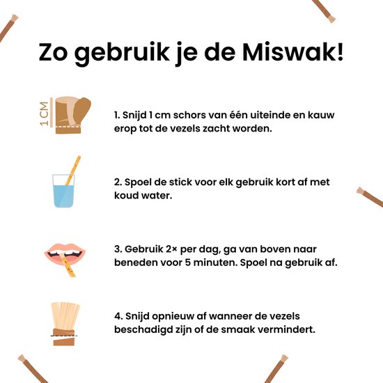 Instructies voor het gebruik van Miswak: Schors afsnijden, met koud water spoelen, 2x per dag gebruiken, afsnijden bij slijtage of verminderde smaak.