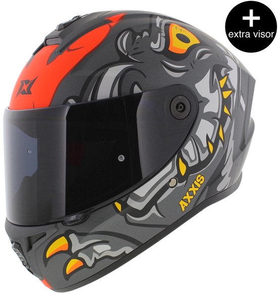 Axxis Draken S helm Dinotoon mat rood grijs M + extra (donker) vizier in de doos!