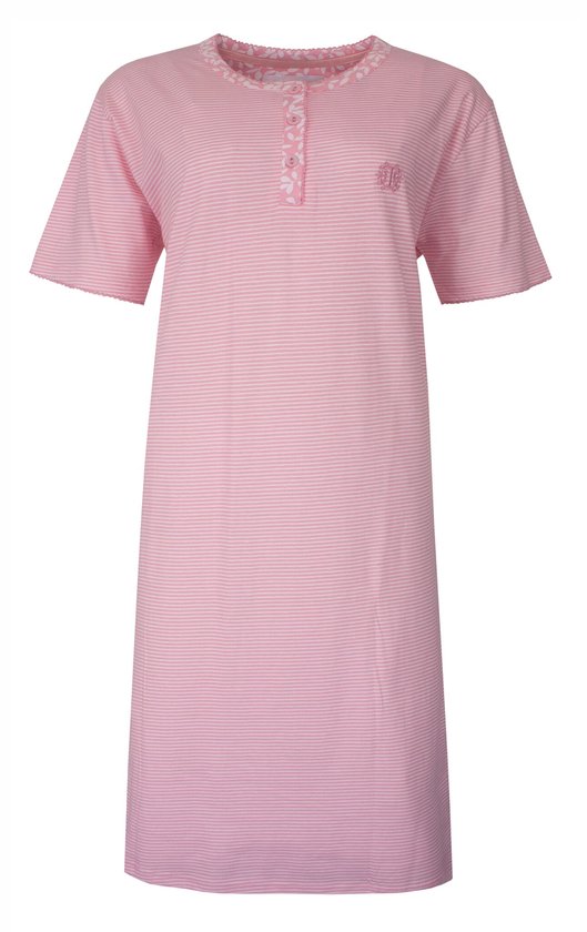 Roze gestreept nachthemd met korte mouwen, ronde hals en knoopjes.