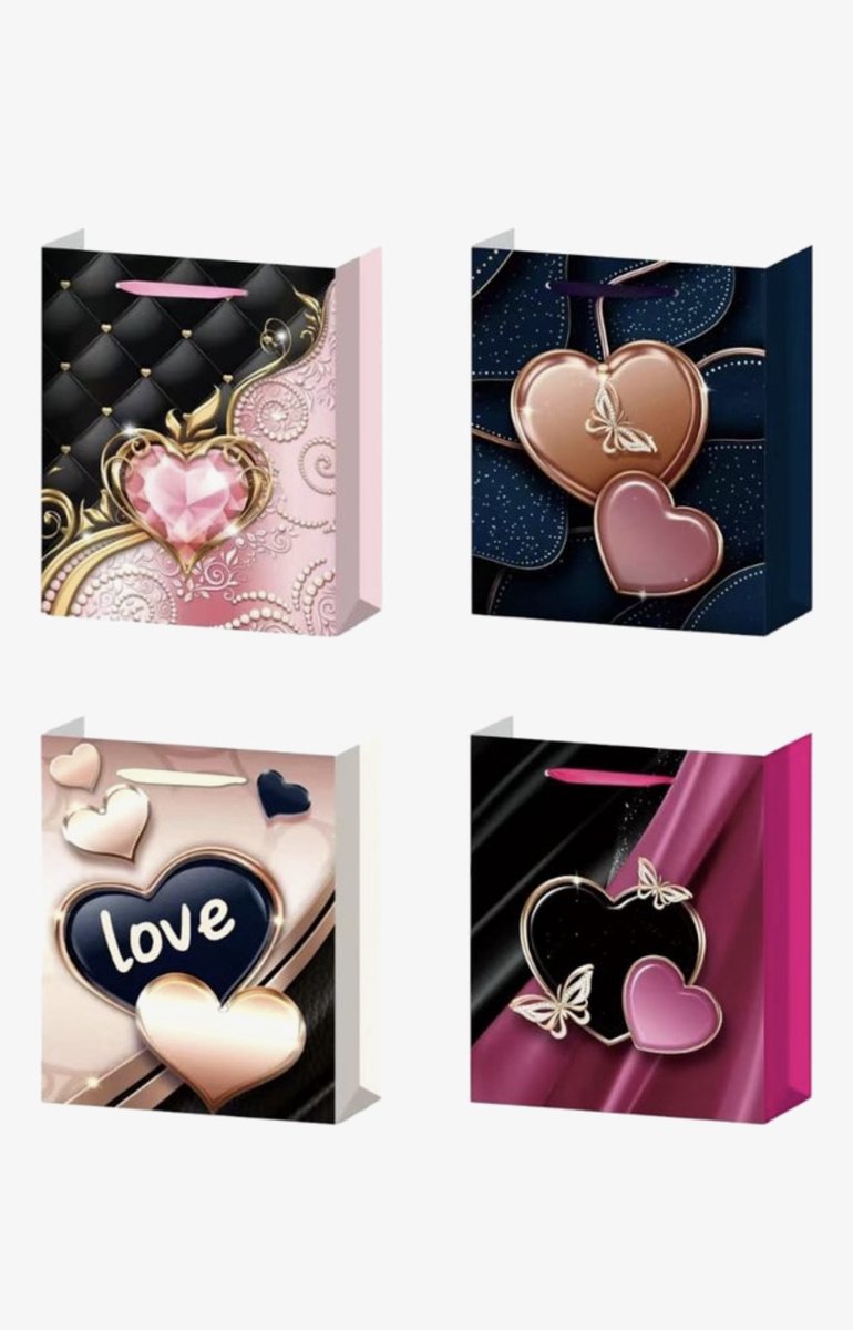 4 x Luxe papieren cadeautassen - 23*18*8cm – Stevig & Herbruikbaar – Verschillende Kleuren en Prints – Cadeau & Geschenktas - Valentijnsdag Cadeautassen