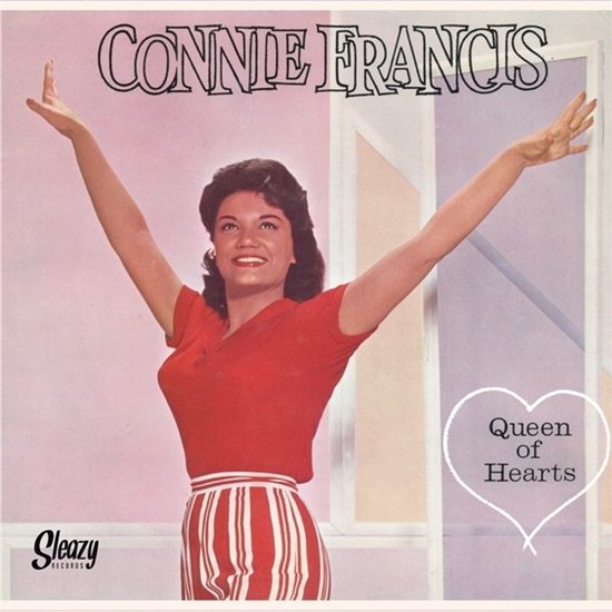 Connie Francis, Queen of Hearts, draagt rode top en gestreepte rok, armen geheven.