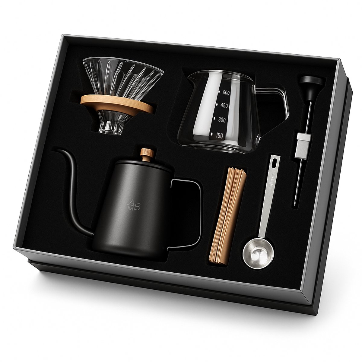 Adore Maison Barista - Pour Over Koffie Set – 6-delige Handmatige Koffiezet Set – Glazen Dripper met Houten Ring - 600 ml Serverkan - Gooseneck Waterkoker - Filters, Lepel & Thermometer
