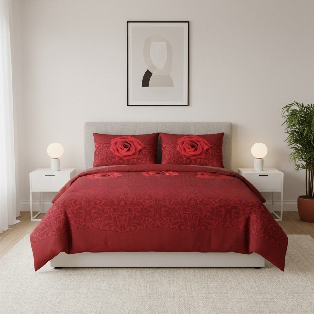 SENZATIONE 100% Katoen Percaline Dekbedovertrek 240x240-2x60x70 cm DAMASK ROSE ROOD