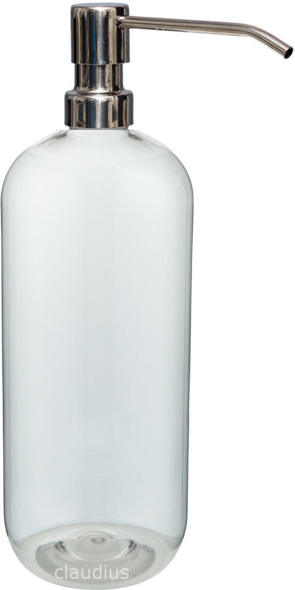 Lege Plastic Fles 1 liter PET transparant - met luxe RVS zilverkleurige pomp - set van 5 stuks - navulbaar - leeg