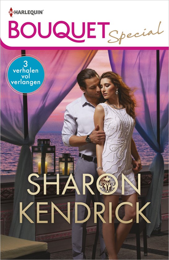 Een man omhelst een vrouw in een witte jurk, met een roze en paarse achtergrond. "3 verhalen vol verlangen" en "SHARON KENDRICK"