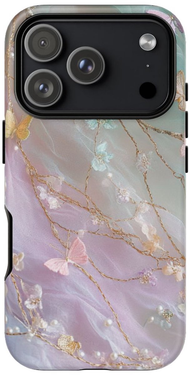 Pastel Vlinders en Parelborduursel – Telefoonhoesje Geschikt voor iPhone 17 Pro