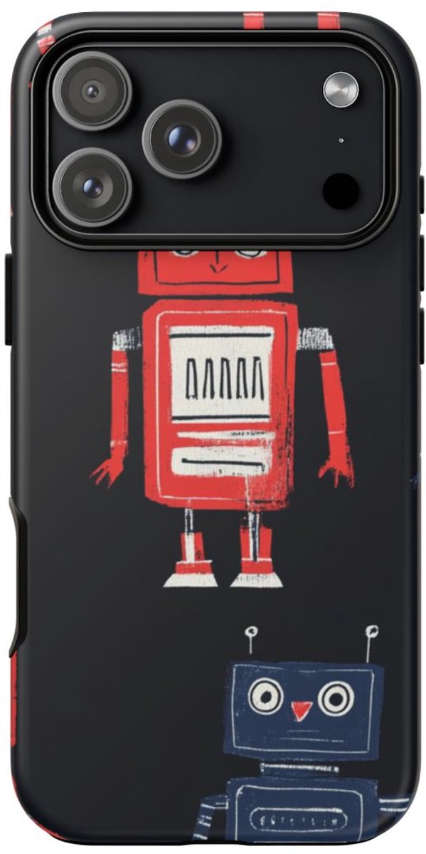 Retro Robotpatroon in Rood en Blauw – Telefoonhoesje Geschikt voor iPhone 17 Pro Max