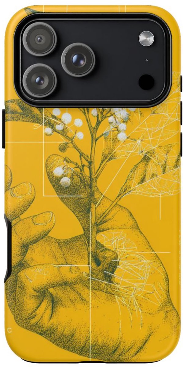 Hand Met Botanische Tak op Geel – Telefoonhoesje Geschikt voor iPhone 17 Pro Max