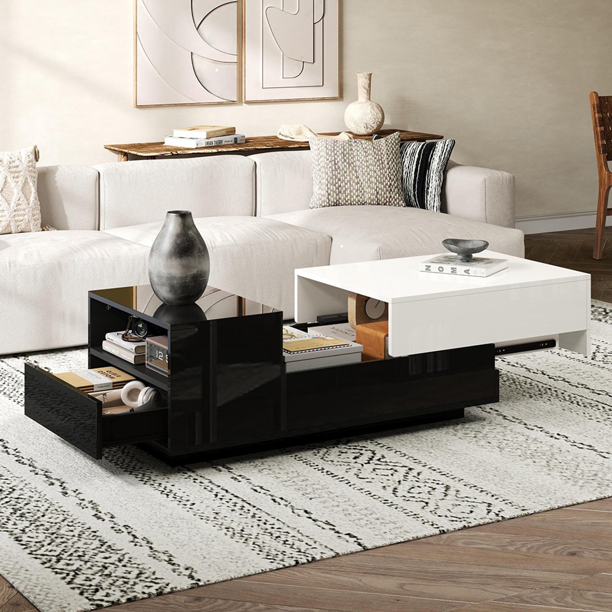 KOMHTOM Glanzende salontafel 100*50*38 cm, salontafel met 1 lade, bijzettafel met uitschuifbaar blad, geometrische tafel, salontafel met zwart-wit gestikt motief, grote opbergruimte Wit + Zwart