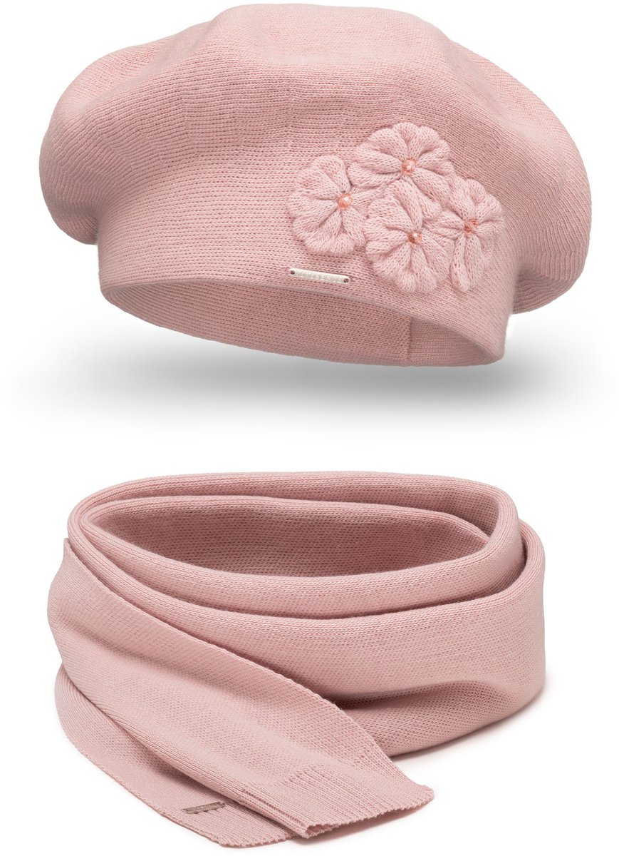 Vivisence Dames Winter Set Baret En Sjaal - Wolmix Gebreid Met Applicatie Op De Voorkant En Perfecte Pasvorm - Heerlijk Warm En Comfortabel Voor Dagelijks Gebruik Tijdens Koude Winterdagen - Roze