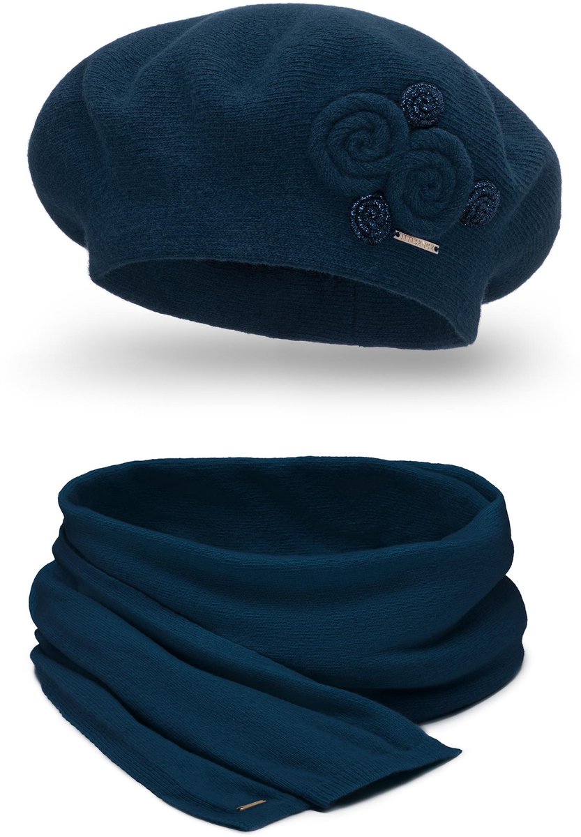 Vivisence Dames Winter Baret En Sjaal Set - Zachte Wolmix En Subtiele Applicatie - Gebreide Rand En Prettige Pasvorm - Warm En Comfortabel Voor Koude Dagen - Past Bij Elegante En Sportieve Looks - Donkerblauw