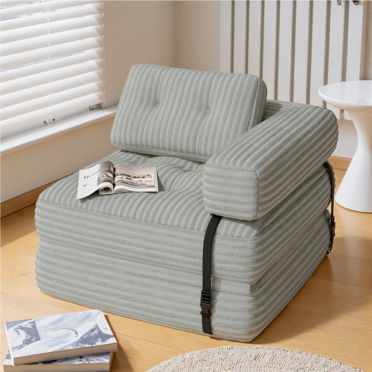 Bealife AR34 Slaapbank - 3-in-1 Opvouwbaar - Enkel - Corduroy - Verbeterde Armleuningen - Lichtgrijs