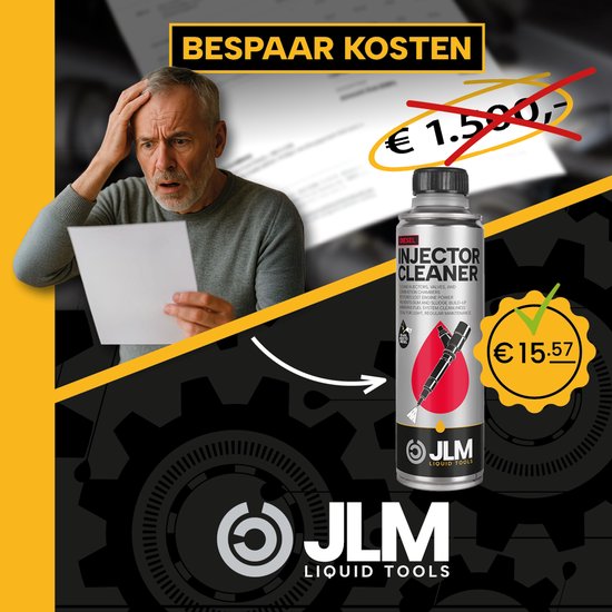 Man schrikt van hoge kosten. Naast hem een fles JLM Injector Cleaner met prijs van €15,57.