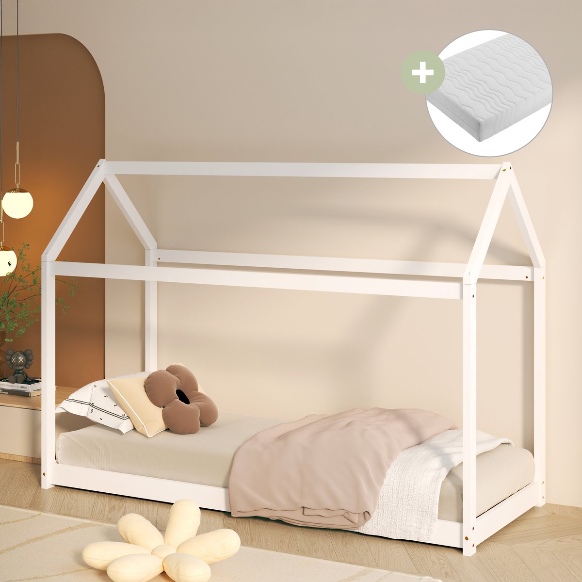 Sunny Zoey Bedhuisje – Kinderbed 206 x 98 x 154 cm – Peuterbed Meisjes en Jongens – FSC 100% Hout – Huisbed 90x200 - Met Lattenbodem - Inclusief Matras – Wit