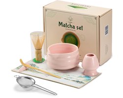 Scentalis 7-delige Matcha Set met Bamboe Klopper en Kom - Thee Set Starterkit met Whisk en Roze Bowl