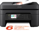 Zwarte Epson all-in-one printer drukt een papiertje met '6 maanden gratis inkttaboonnement'.