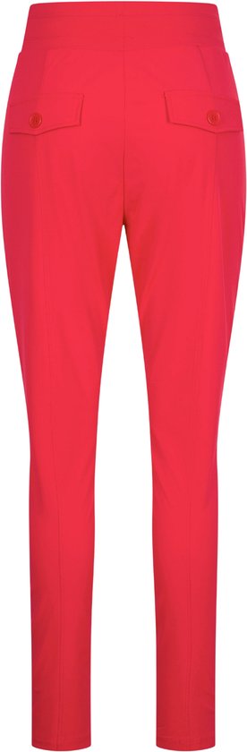 Rode pantalon met hoge taille, twee klepzakken met knoopsluiting achterop en slank gesneden pijpen.
