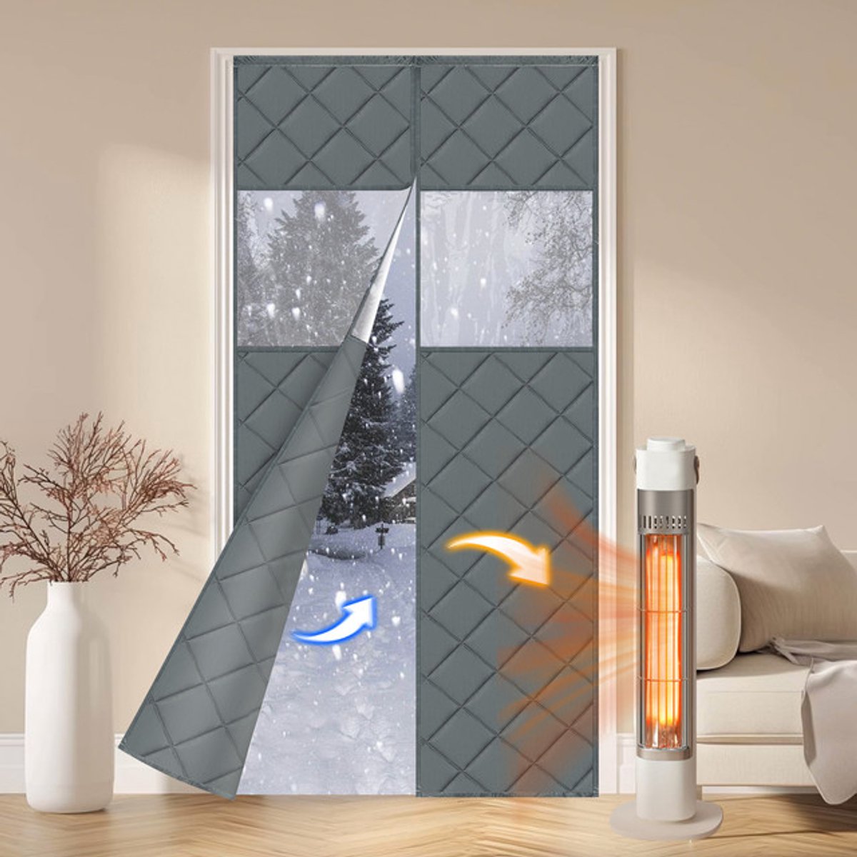Qelus Warmtewerend Deurgordijn met Magnetische Sluiting - Dubbele deuren - Gewatteerd, Zelfklevend Gordijnen met Transparant Raam - Energiebesparend, Tochtwerend voor Huis en Woondecoratie (Grijs) Grijs-1