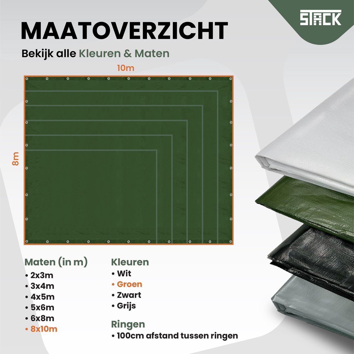 STACK® Extra Sterk Afdekzeil - 8x10m - Donker Groen - 150G/M2 - Waterdicht Bouwzeil & Zeildoek - Zeil Met Ringen - Beschermhoes & Afdekhoes voor Zwembad,Tuin Set,Motor,Scooter,Fietsen,Aanhangwagen,Scootmobiel,BBQ accesoires - Auto Hoes Bescherming — afbeelding 6