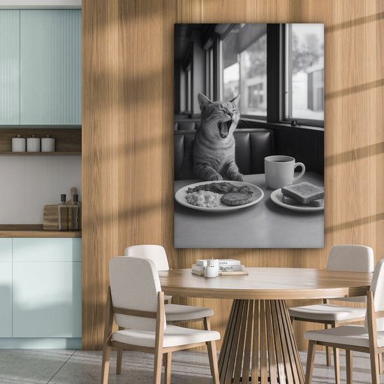 Canvas schilderij 80x120 cm - Exclusieve wanddecoratie Kat - Koffie - Brood - Zwart - Muurdecoratie woonkamer - Slaapkamer decoratie - Kamer accessoires - Schilderijen op canvas