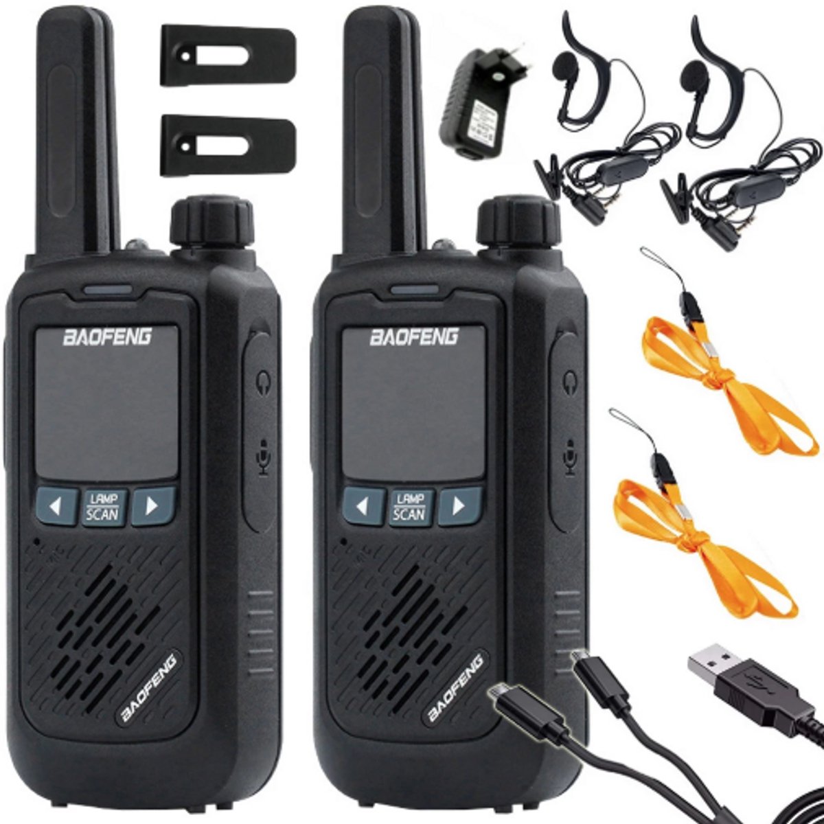 HMWR BF-T17 Walkie Talkie Set – 2 Stuks – PMR Portofoons met 8 km Bereik – 16 Kanalen – Inclusief Oortjes, Laders & Oplaadbare Accu’s – Zwart