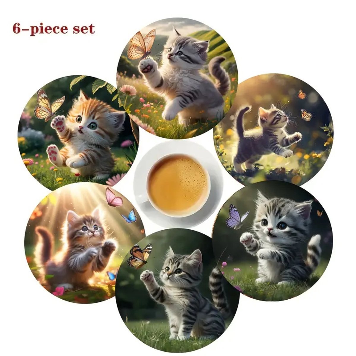 Onderzetters kittens en vlinders - set van 6 - triplex hout
