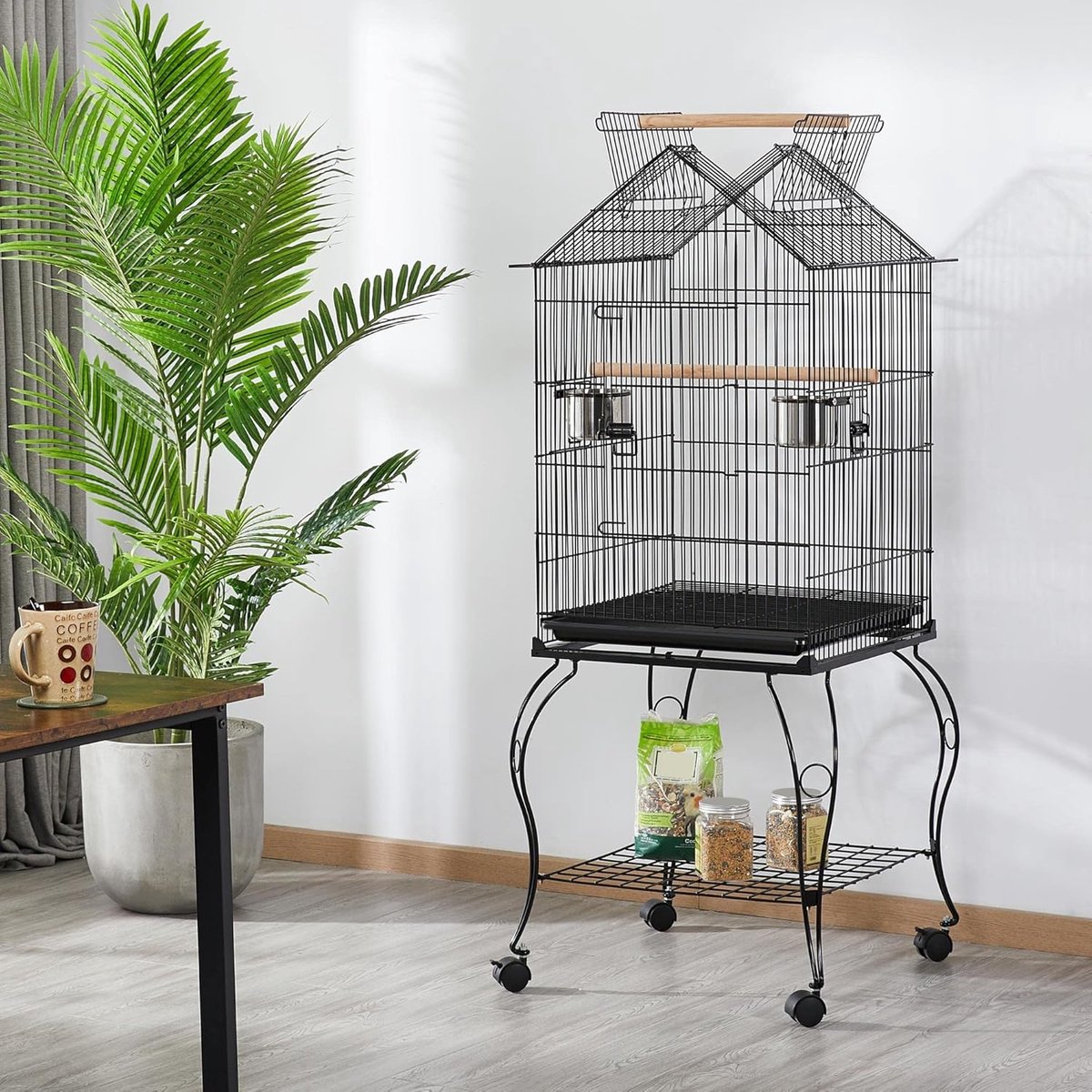 Papa Simba Vogelkooi, parkenkooi met standaard, vogelvolière, kooi, vogelhuis, 145 cm hoog , Zwart , HMTM-BC-10012-Black