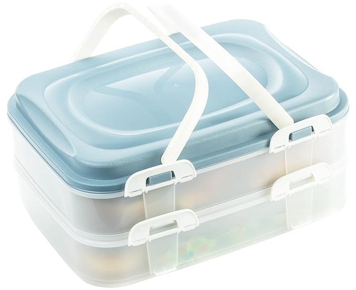 Taarthouder Voedsel Transportbox XL Partycontainer met 2 bodems en inklapbare handgrepen 2 x 7 Liter kleur blauw