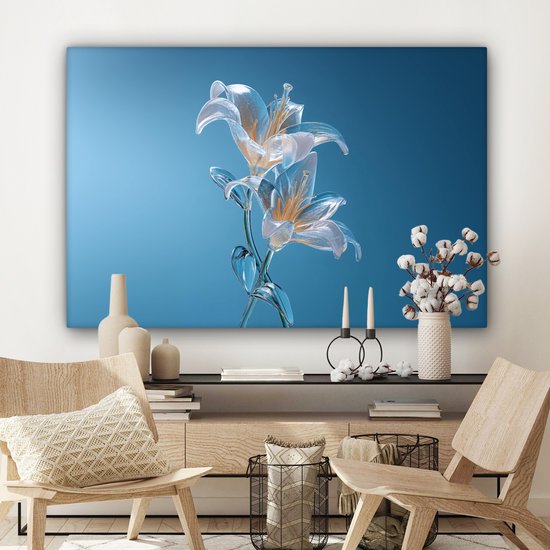 Canvas schilderij 150x100 cm - Exclusieve wanddecoratie Lelies - Blauw - Glazen - Muurdecoratie woonkamer - Slaapkamer decoratie - Kamer accessoires - Schilderijen op canvas