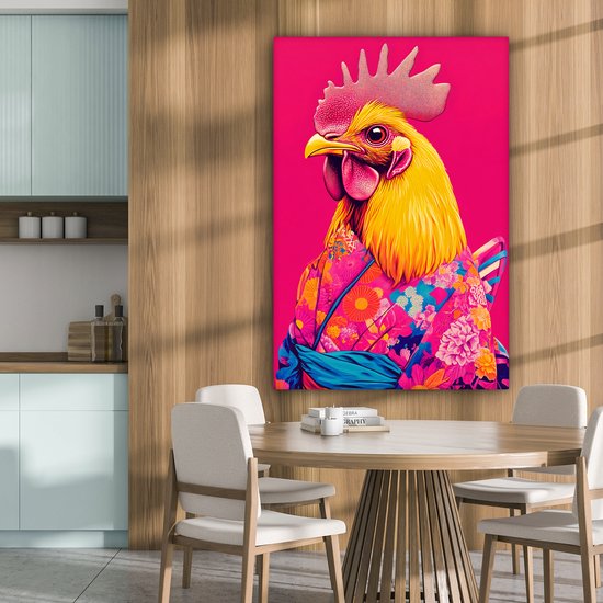Tableau sur toile 80x120 cm - Décoration murale exclusive Coq - Coloré - Kimono - Rose - Décoration murale salon - Décoration chambre - Accessoires de chambre - Peintures sur toile