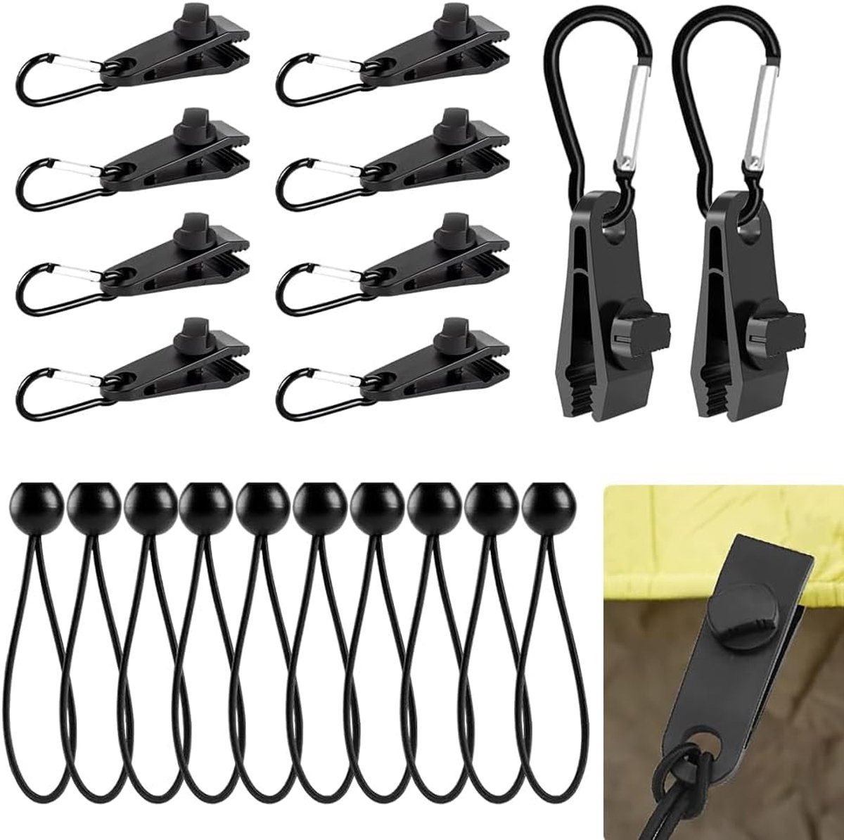 Pack of 30 Tarpaulin Clips - 10 Tarpaulin Clips - 10 Stretch Rubber met Bal - 10 Carabiner Clips - Tent Tarpaulin Clips - Sail Tensioner - Sail Attachment voor Tent - Camping - Awning - Hammock - Zon