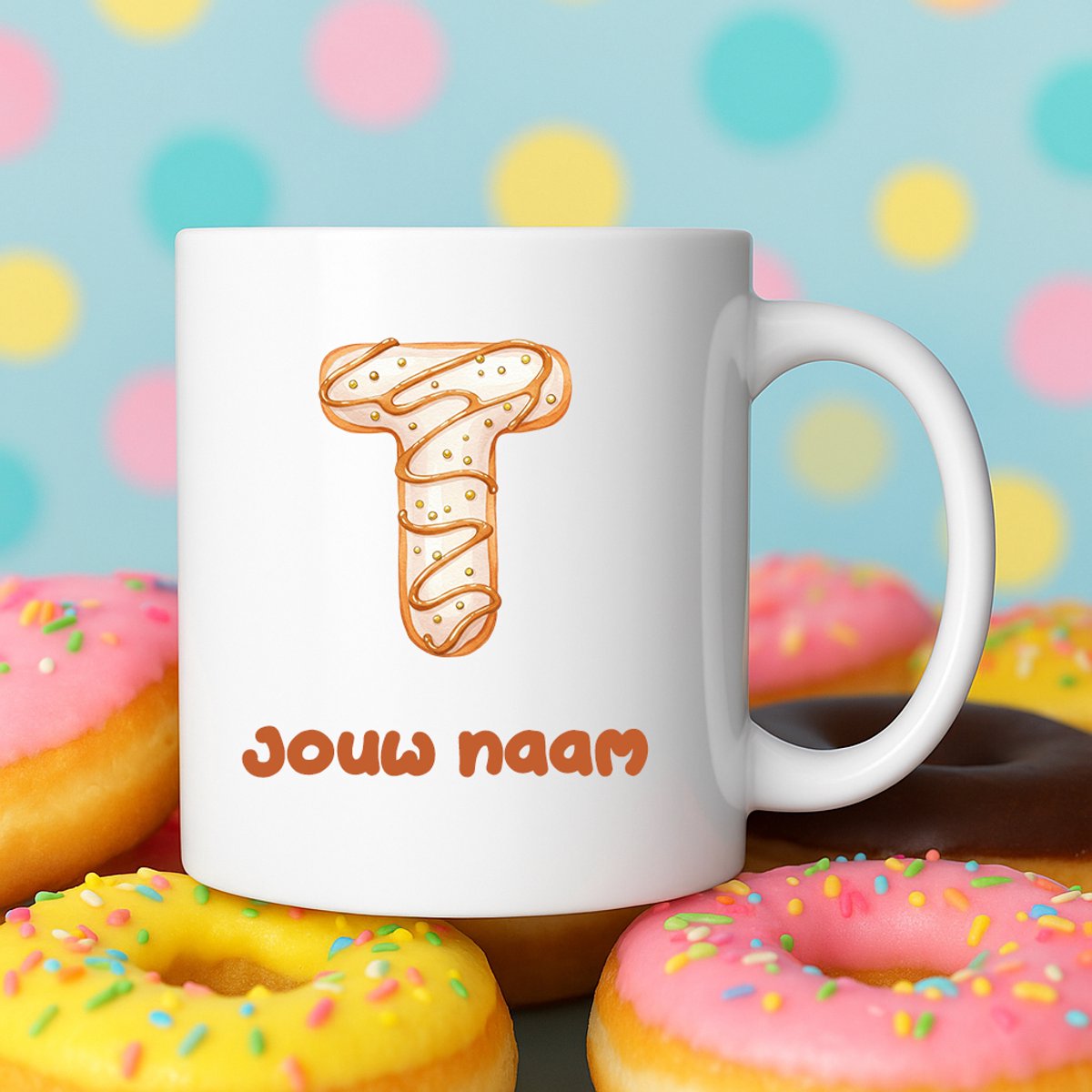 Mok - Donut letter T – Gepersonaliseerd met naam – Grappige Mokken