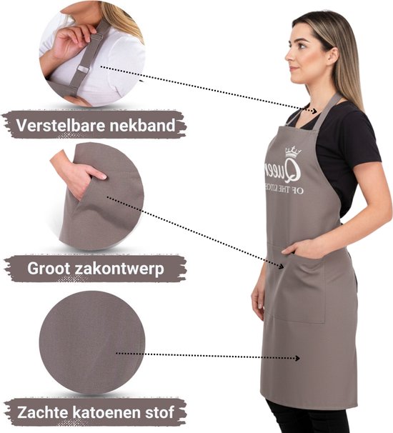 Grijs schort met 'Queen of The Kitchen'-opdruk. Verstelbare nekband, groot zakontwerp, zachte katoenen stof.