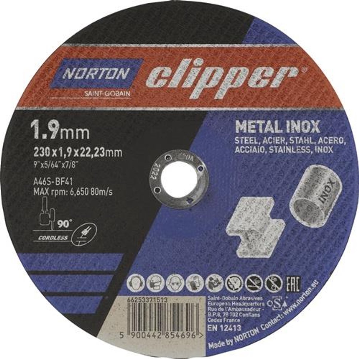 Trennschijf D230x1,9mm Type 41 Metaal-Inox Bohr.22,23mm NORTON CLIPPER