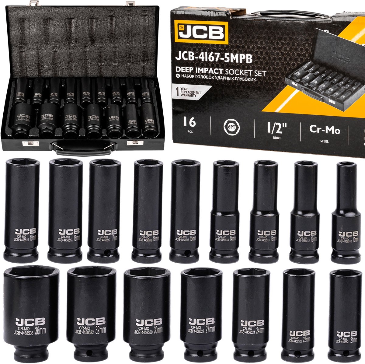 JCB Slagdoppenset 1/2" 10-36mm 16 Delig - Cr-Mo Staal