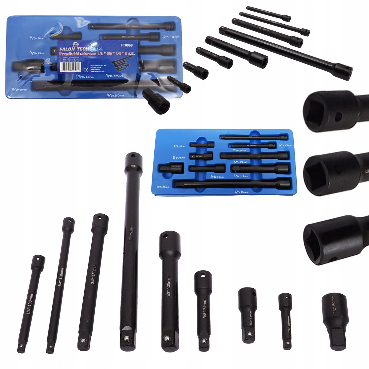 FALON-TECH Slagverlengstuk Set 9-delig 1/4" 3/8" 1/2"