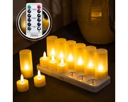 Akaro oplaadbare waxinelichtjes – 12 flikkerende LED waxinelichtjes – met afstandsbediening – met oplaadstation – 75+ uur brandtijd – veilig & duurzaam – theelichtjes – nep kaarsen