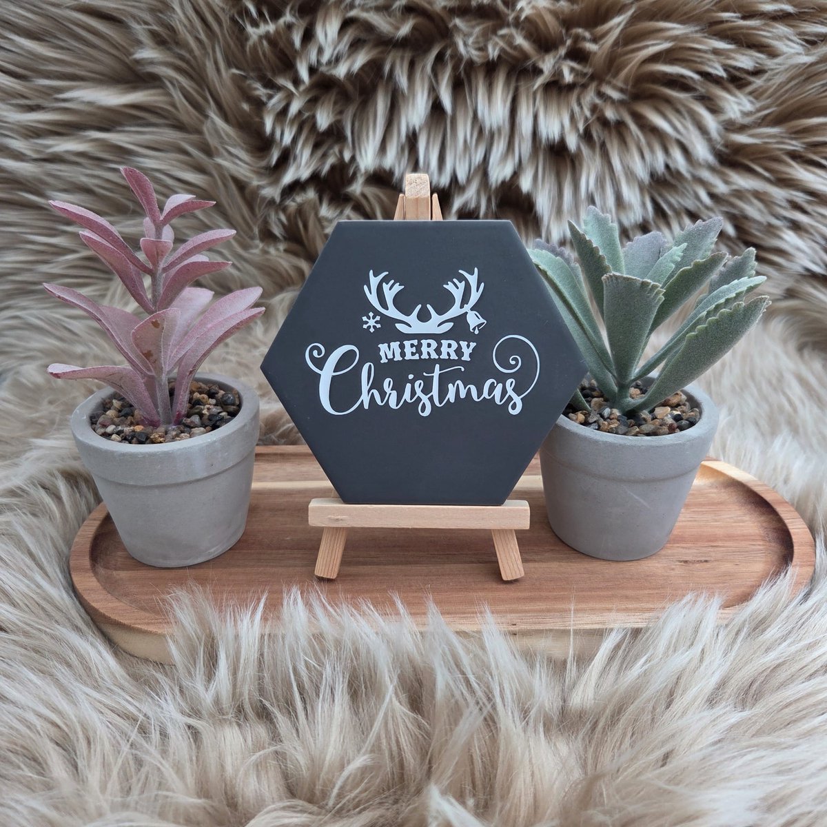 CreaCraft Robuust wenstegeltje - Kerst Tegeltje Hexagon – Merry Christmas – Luxe Zwart – Kerstdecoratie - Trendy Nu - Cadeau - Woondecoratie Hexagon Antraciet/wit