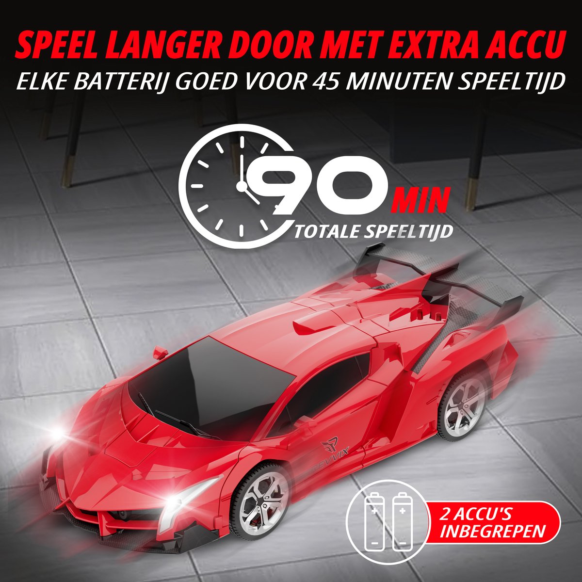 Revvix Bestuurbare Auto - RC Auto - Afstandsbestuurbare auto - Radiografisch bestuurbare auto - Race auto afstandbestuurbaar - Auto afstandsbediening - Robot - 2 Accu's - Rood - Buiten - voor Jongens & Volwassenen - Offroad - Drift - Car — afbeelding 4