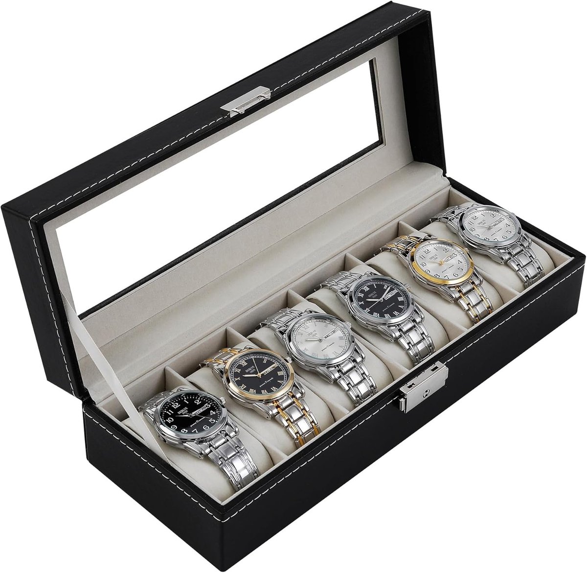 Horlogebox- horlogevitrine- PU-leren horloge-opbergruimte- met 6 sleuven met horlogekussentjes- cadeau voor mannen