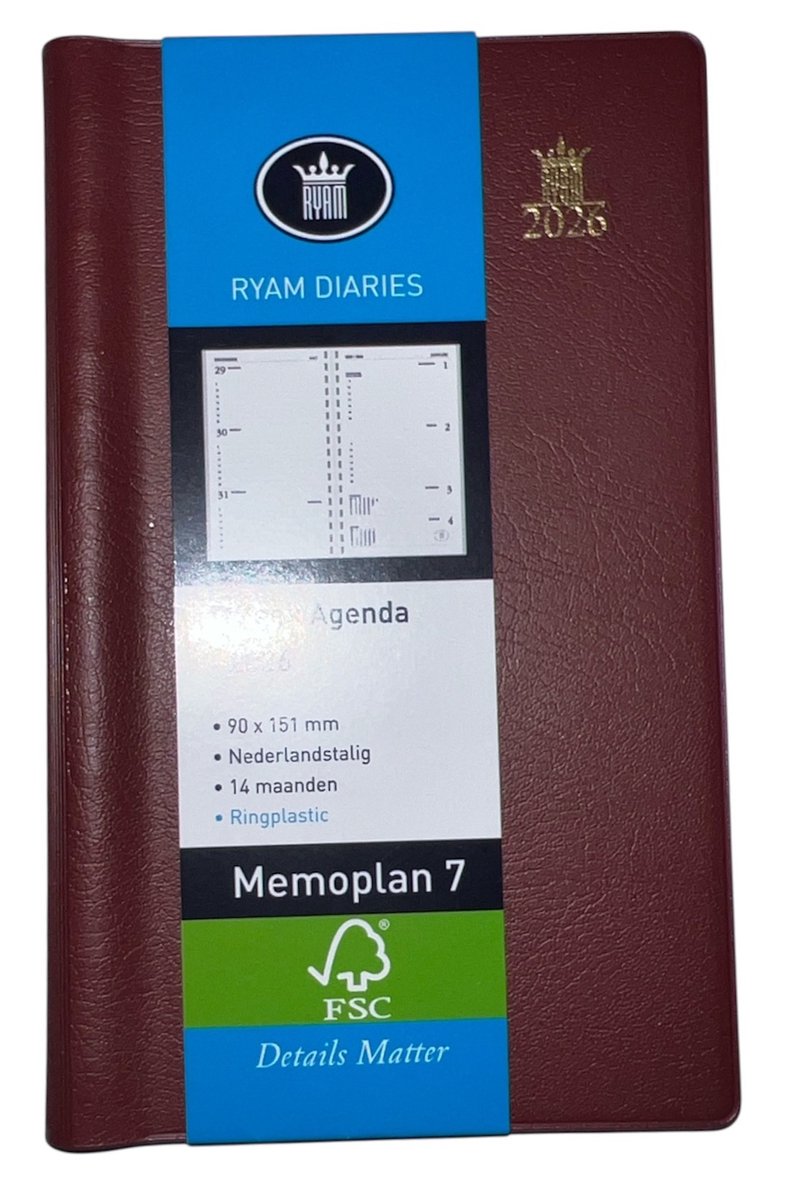 Zakagenda 2026 - Ryam Memoplan 7 BORDEAUX - Zachte Kaft met Spiraal (9cmx 15cm)