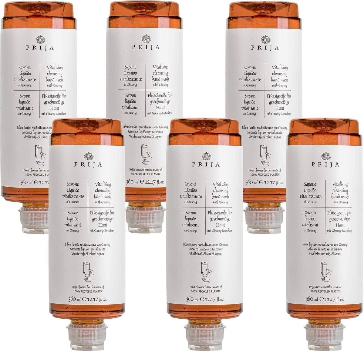 PRIJA vloeibare zeep met ginseng-extract, navulling voor dispenser, VEGAN 360 ml - 6 stuks