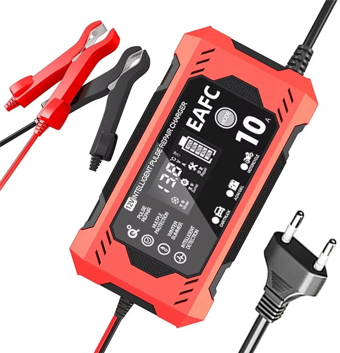 EAFC Acculader -Accu Druppellader - 12V/10A - Reparatiemodus - Druppellader - Accu Lader voor Auto / Motor / Scooter / Boot / Camper - Rood