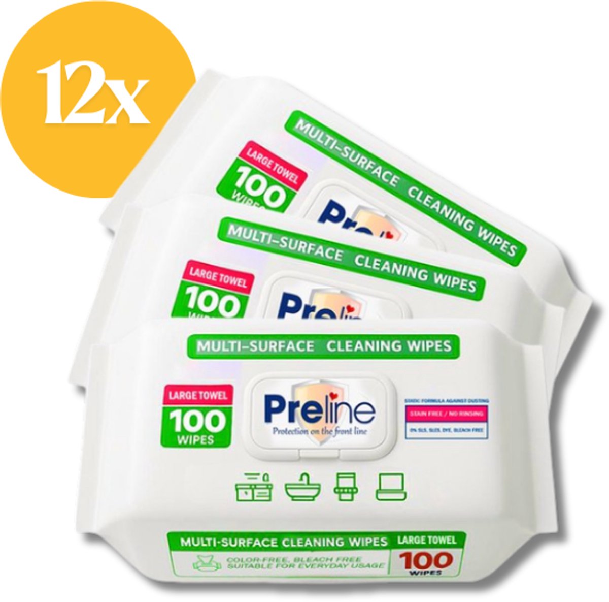 Preline Schoonmaakdoeken - Multi Surface Schoonmaakdoekjes Allesreiniger – Voordeelverpakking 12x100 stuks – Desinfecterend & Laptop Schoonmaak Doekjes – Extra Dik & Breed – Witte Zeepgeur – Voor Huishouden & Keuken & Badkamer & Toilet & Auto