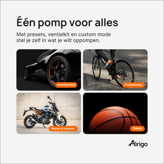Airigo® Luchtcompressor - Elektrische Fietspomp - Bandenpomp - Compact & Draadloos - Auto-stop & 5 Presets - Helder Display - USB-C Opladen - Powerbankfunctie - LED-Licht - Harde Beschermhoes - Precies Oppompen - voor Auto/Fiets/Motor/Ballen van Airigo — afbeelding 2
