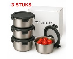 Fruitbakje School - RVS - Fruitbox - Anti-lek - Snackbox Kinderen- Bewaarbakje RVS - 3 STUKS - Lunchbox Kind - RVS Bakje Met Deksel - Vershoudbakjes - BPA-vrije Fruitbakje